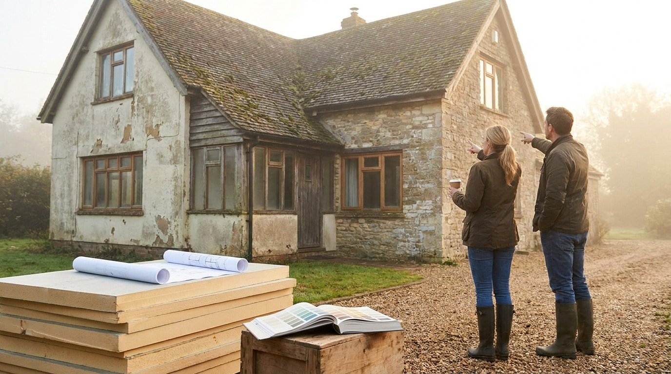 Un couple observe une vieille maison en pierre à rénover avec des plans de construction et des isolants au premier plan.