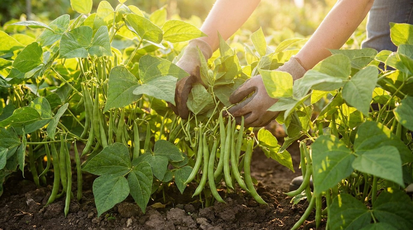 Mains gantées récoltant des haricots nains verts et croquants dans un potager ensoleillé.