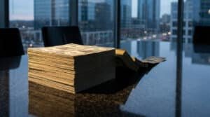 Piles de billets de dollars américains sur une table sombre dans un bureau moderne avec vue sur la ville au crépuscule.