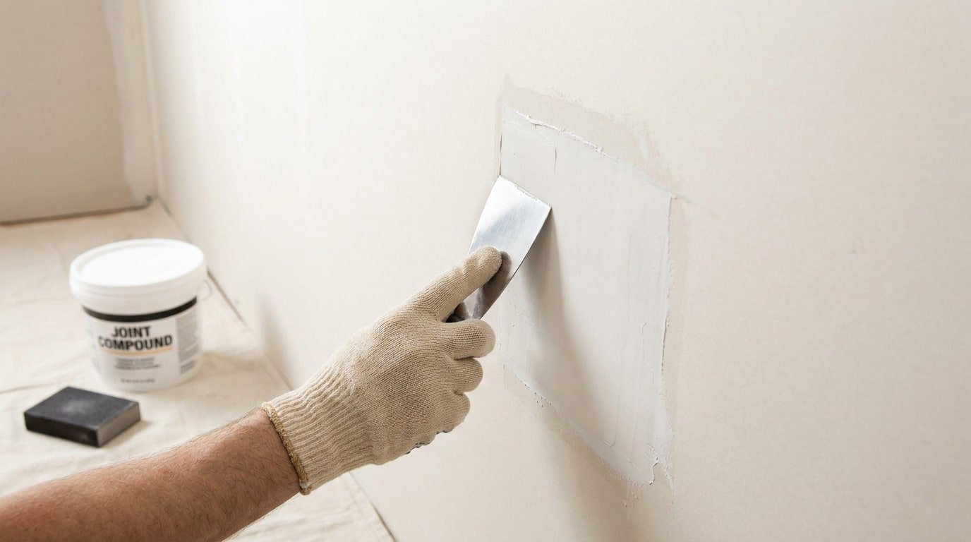 Une main gantée utilisant une spatule pour étaler de l'enduit sur un mur en plaques de plâtre.