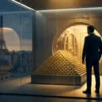 Un homme en costume devant une pyramide de lingots d'or dans un coffre-fort moderne, avec la Tour Eiffel se reflétant sur la vitre.