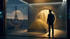Un homme en costume devant une pyramide de lingots d'or dans un coffre-fort moderne, avec la Tour Eiffel se reflétant sur la vitre.