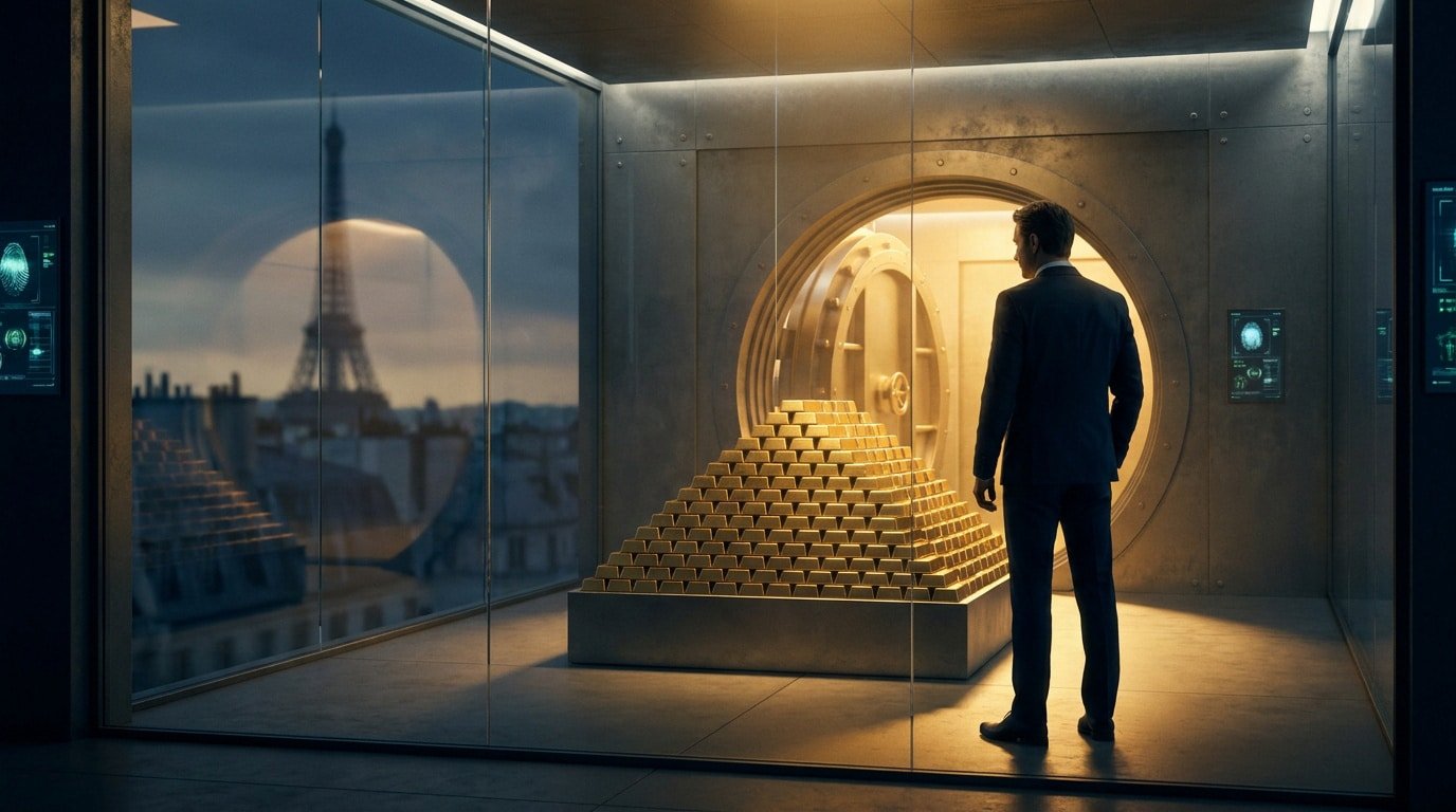 Un homme en costume devant une pyramide de lingots d'or dans un coffre-fort moderne, avec la Tour Eiffel se reflétant sur la vitre.