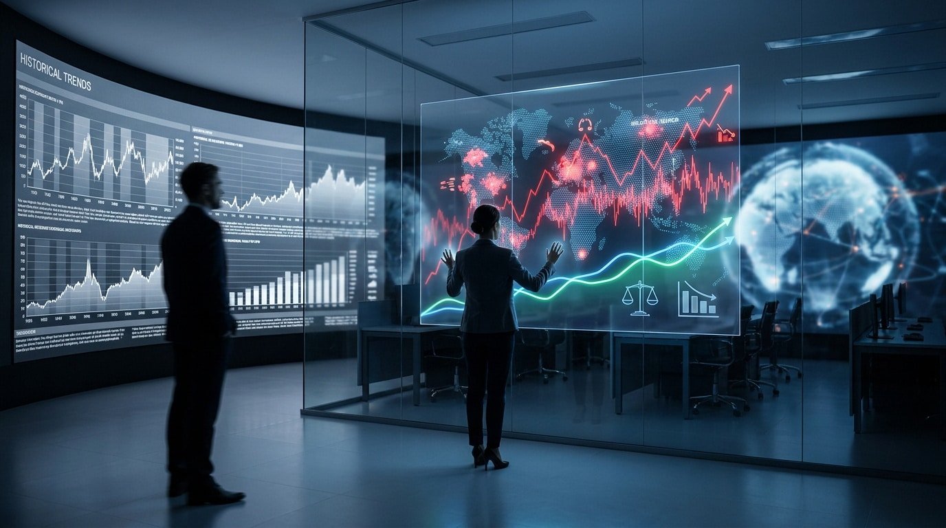 Analyse de données financières et graphiques mondiaux par des experts dans un bureau technologique futuriste.