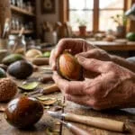 Mains sculptant un noyau d'avocat poli, entourées d'outils, d'avocats frais et de noyaux gravés sur une table en bois rustique.