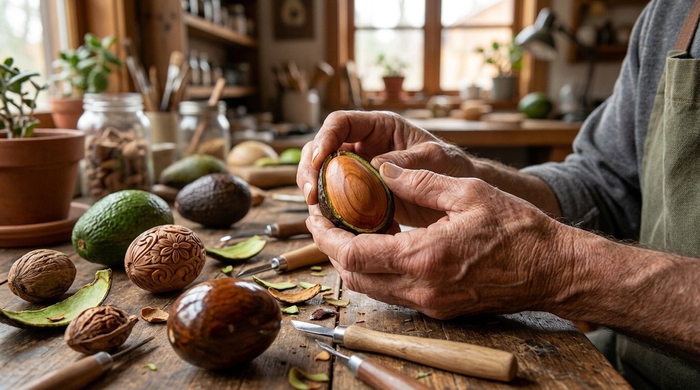 Mains sculptant un noyau d'avocat poli, entourées d'outils, d'avocats frais et de noyaux gravés sur une table en bois rustique.