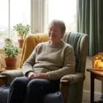 Une femme âgée assise sereinement dans un fauteuil confortable près d'une fenêtre dans un salon chaleureux.