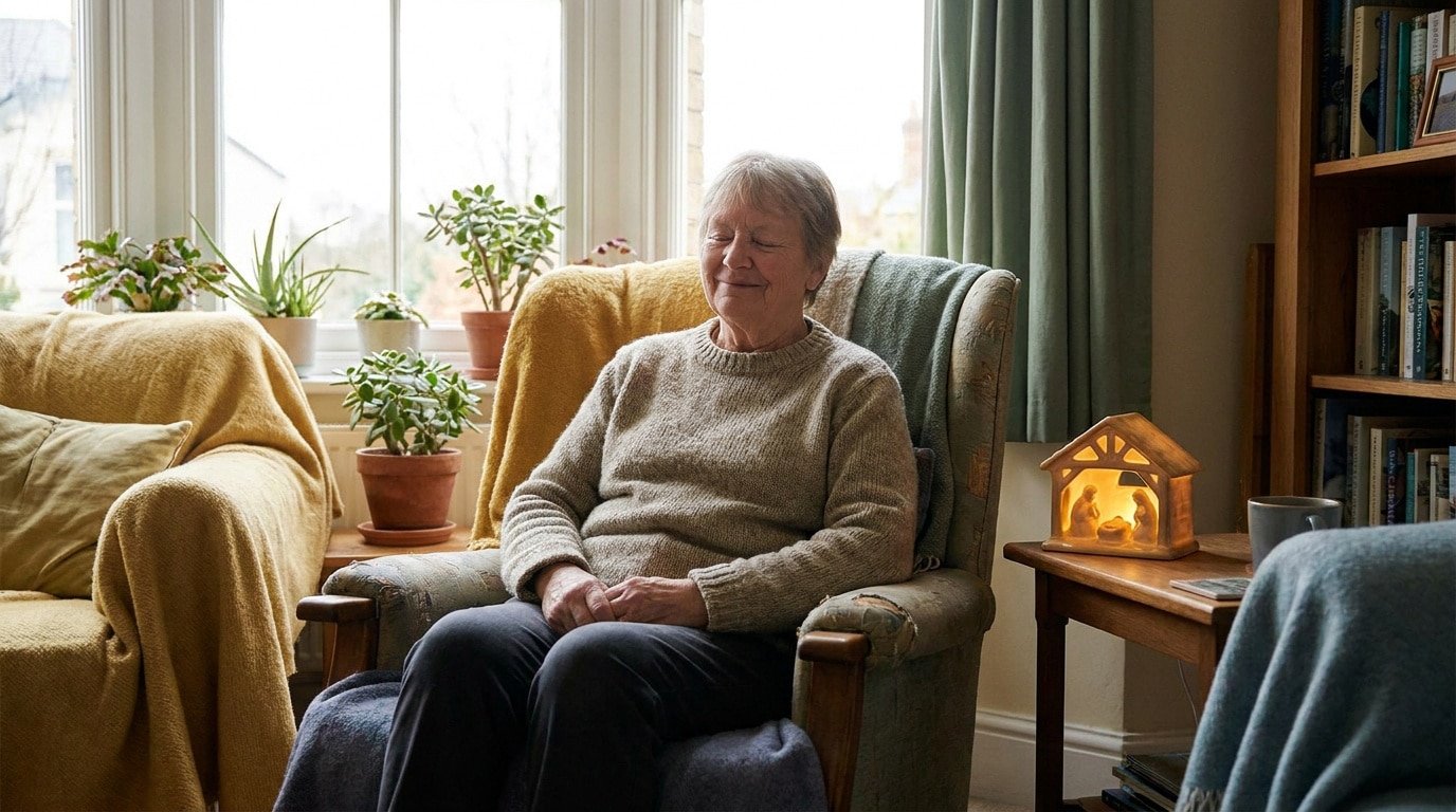 Une femme âgée assise sereinement dans un fauteuil confortable près d'une fenêtre dans un salon chaleureux.