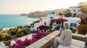 Une personne âgée assise sur une terrasse fleurie surplombant un village grec blanc avec des églises à dôme bleu.