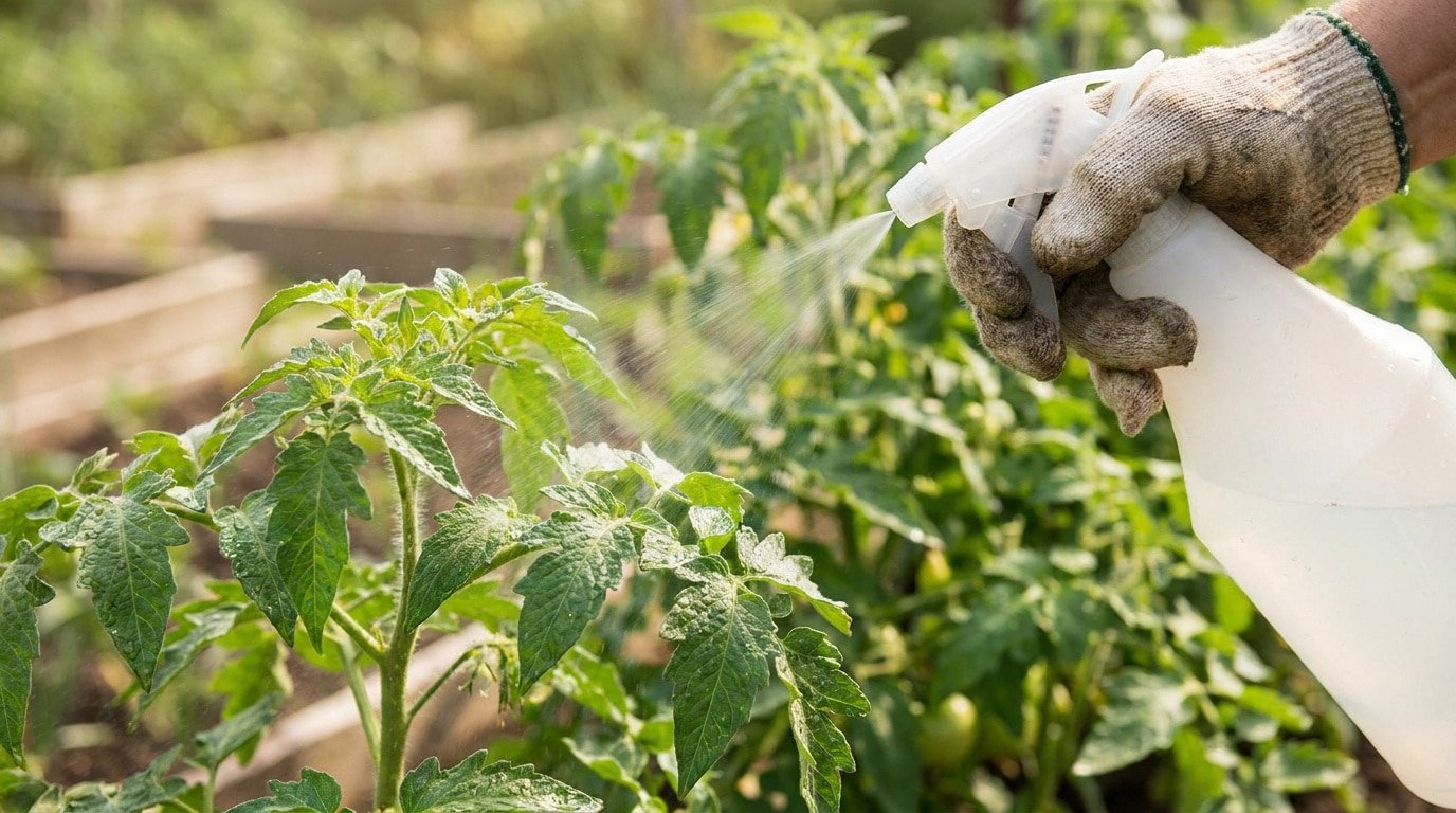 Une main gantée vaporise une solution protectrice sur un plant de tomate dans un potager ensoleillé.