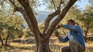Un agriculteur taille un olivier avec un sécateur dans un verger ensoleillé.