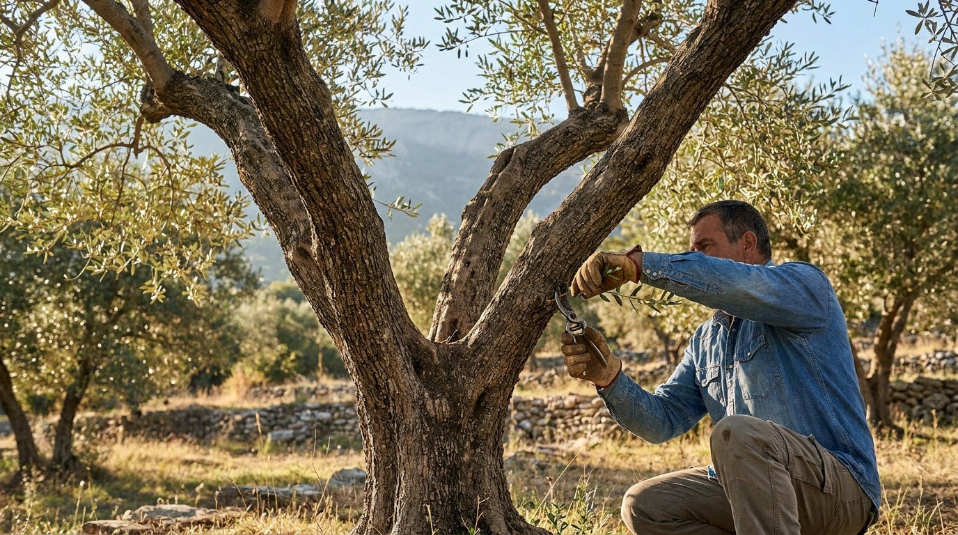 Un agriculteur taille un olivier avec un sécateur dans un verger ensoleillé.
