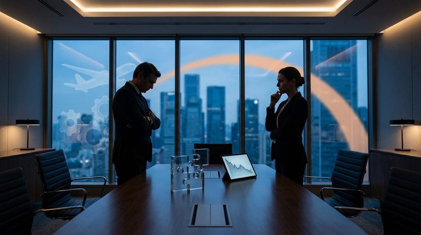 Deux professionnels en silhouette dans une salle de réunion face à une vue urbaine, un graphique en baisse sur une tablette.
