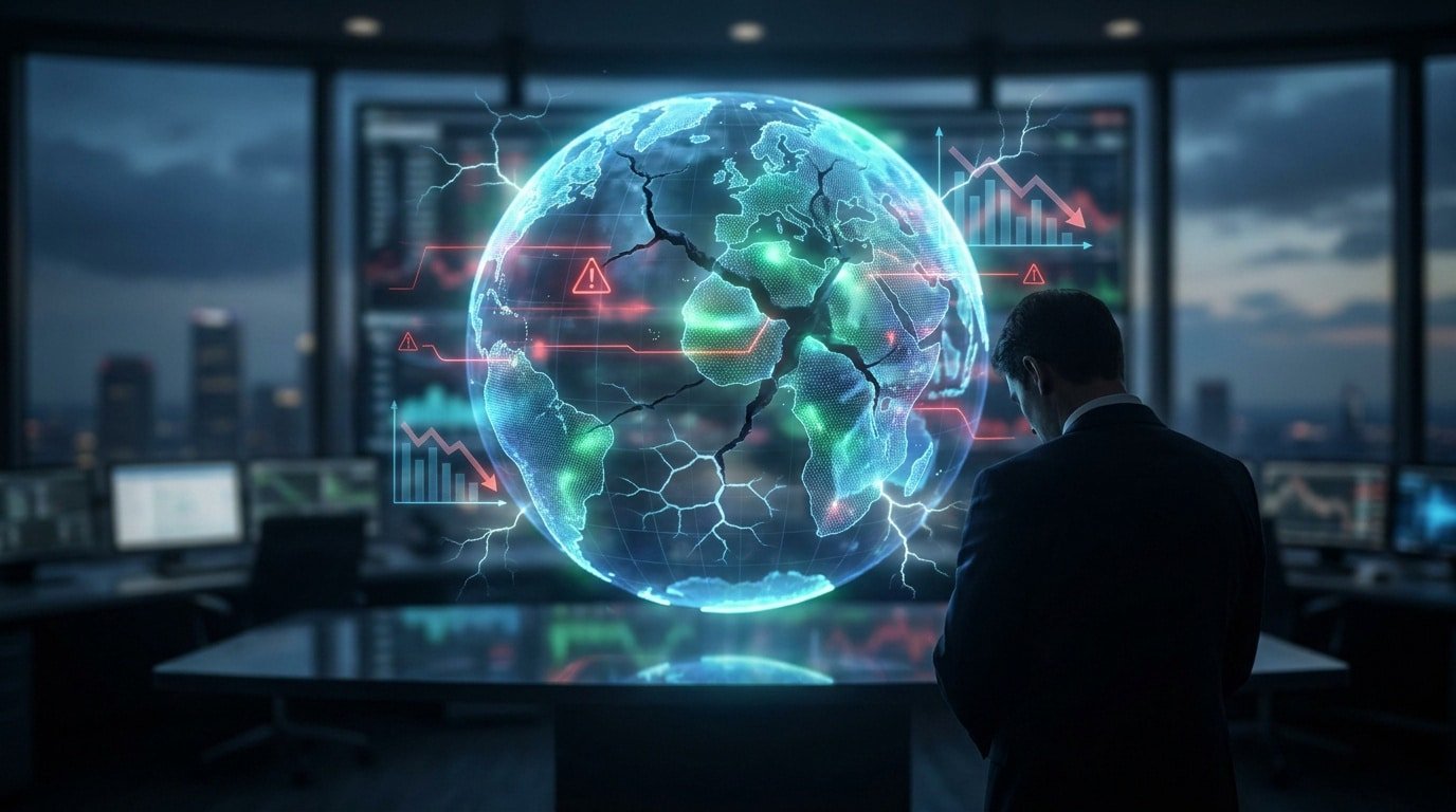Homme face à un globe hologramme fissuré avec des indicateurs économiques en baisse et éclairs, symbolisant une crise mondiale.