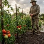 Jardinier en chapeau observant attentivement ses plants de tomates sous un ciel nuageux. Les feuilles sont humides, les tomates mûrissent.