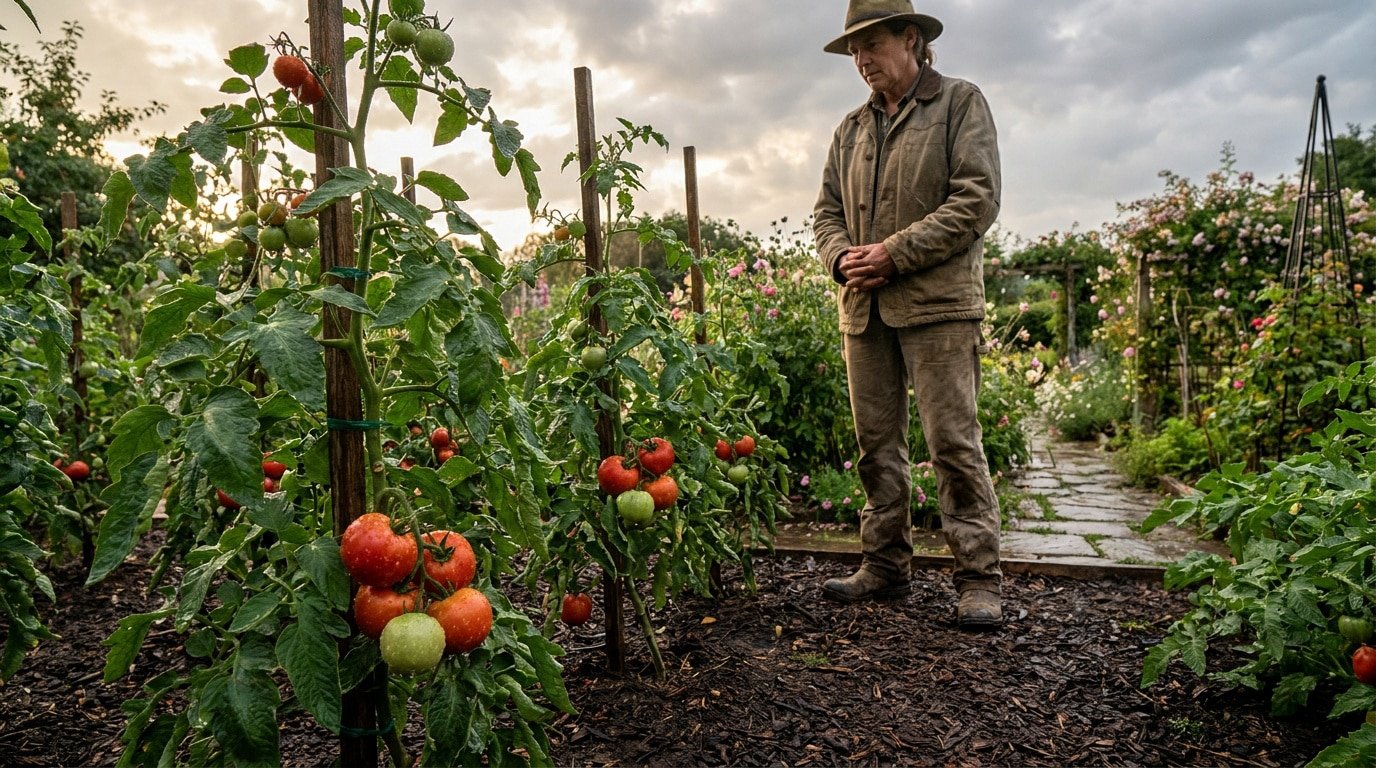 Jardinier en chapeau observant attentivement ses plants de tomates sous un ciel nuageux. Les feuilles sont humides, les tomates mûrissent.