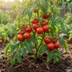 Un plant de tomates luxuriant, riche en fruits rouges mûrs, se dresse dans un potager ensoleillé. Le sol est sombre et nourricier.