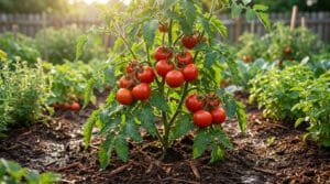 Un plant de tomates luxuriant, riche en fruits rouges mûrs, se dresse dans un potager ensoleillé. Le sol est sombre et nourricier.