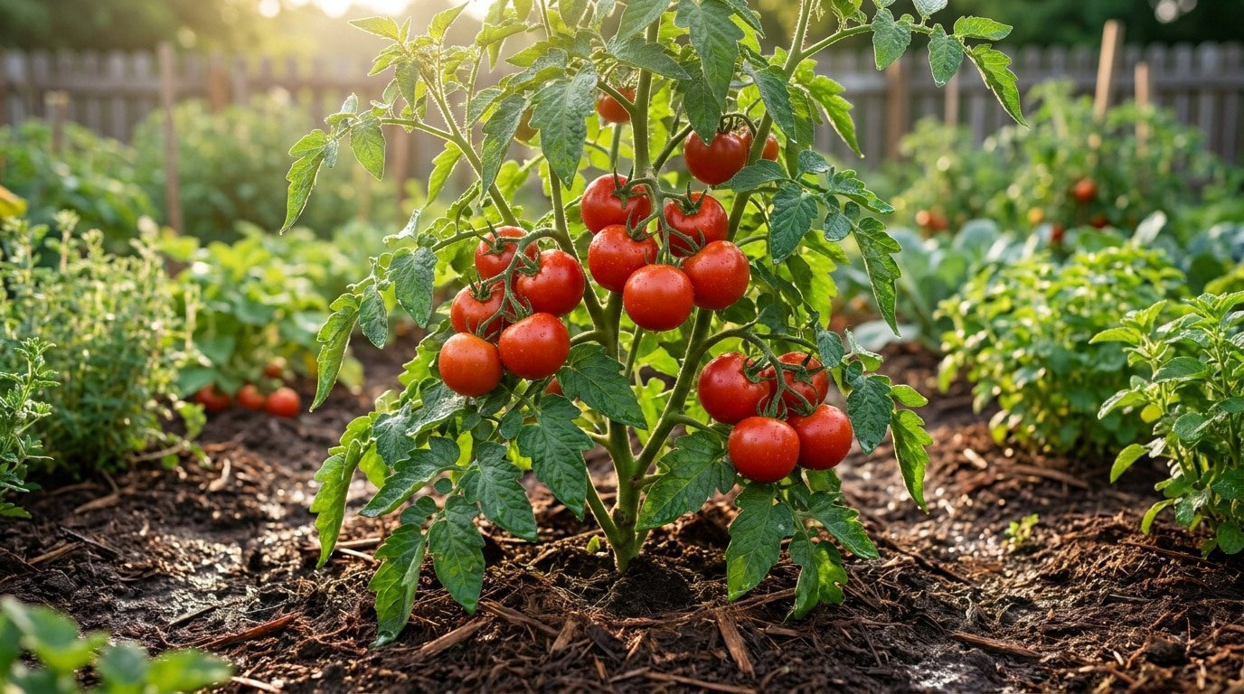 Un plant de tomates luxuriant, riche en fruits rouges mûrs, se dresse dans un potager ensoleillé. Le sol est sombre et nourricier.