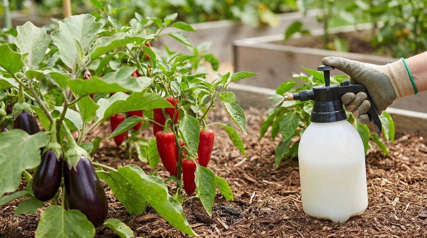 Main gantée pulvérisant du savon noir sur des piments et aubergines au potager pour éliminer les pucerons.