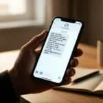 Main tenant un smartphone affichant un SMS frauduleux se faisant passer pour un service de livraison de colis.