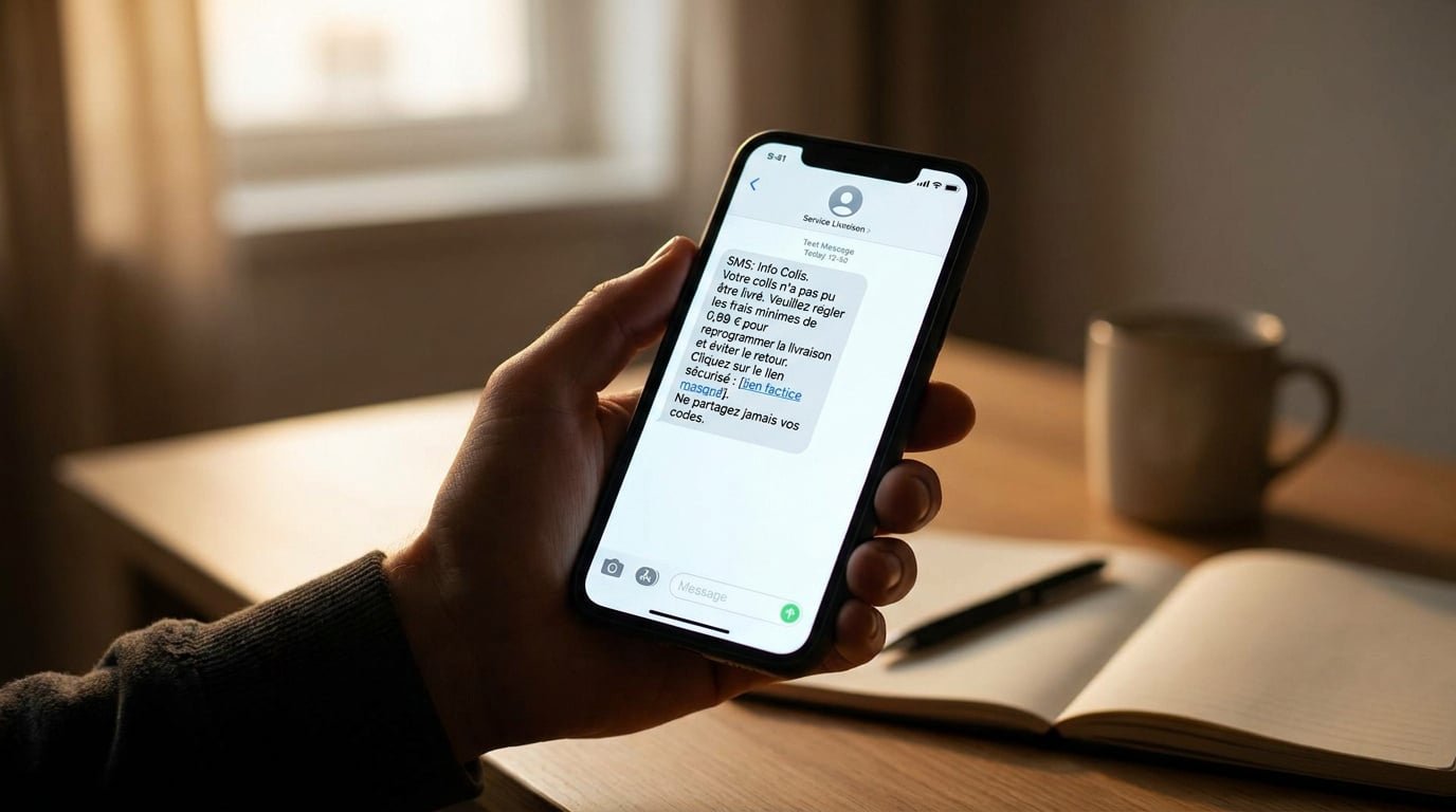 Main tenant un smartphone affichant un SMS frauduleux se faisant passer pour un service de livraison de colis.