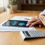 Un couple consulte des graphiques financiers sur une tablette numérique posée sur un bureau en bois.