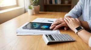 Un couple consulte des graphiques financiers sur une tablette numérique posée sur un bureau en bois.