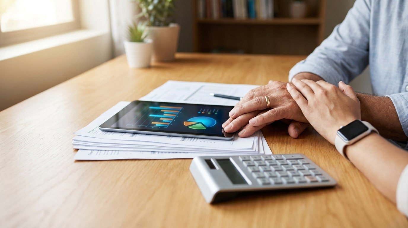 Un couple consulte des graphiques financiers sur une tablette numérique posée sur un bureau en bois.