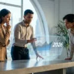 Trois jeunes professionnels analysant un graphique holographique montrant des projections financières pour 2026.
