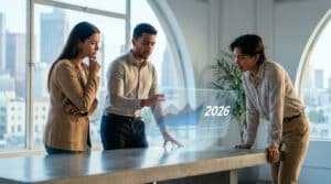 Trois jeunes professionnels analysant un graphique holographique montrant des projections financières pour 2026.
