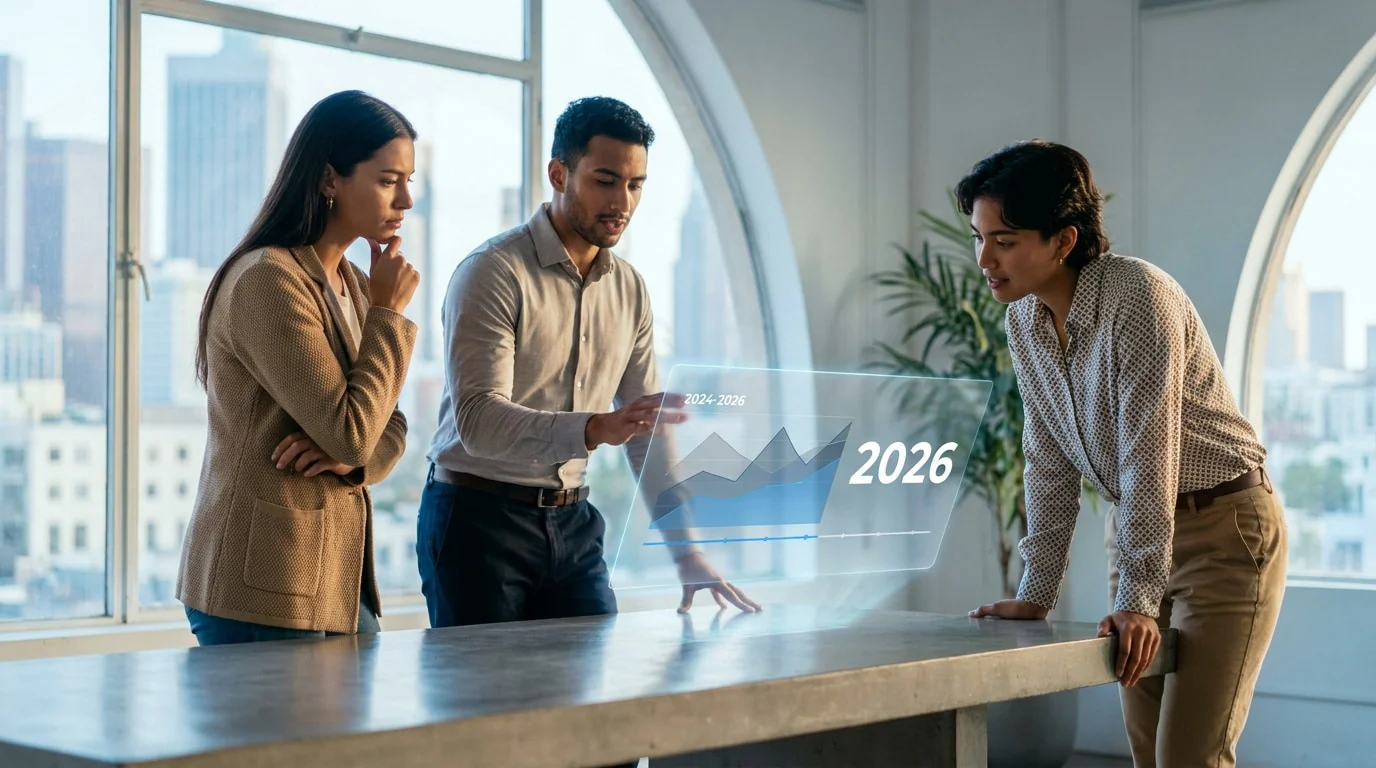 Trois jeunes professionnels analysant un graphique holographique montrant des projections financières pour 2026.