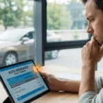 Un homme regarde une tablette affichant un résumé de contrat d'assurance auto avec un surcoût de 8 % mis en évidence.