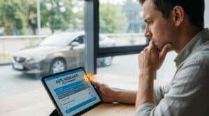 Un homme regarde une tablette affichant un résumé de contrat d'assurance auto avec un surcoût de 8 % mis en évidence.
