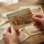 Mains tenant une carte postale vintage illustrant une famille en vacances près d'une voiture sur une table en bois.