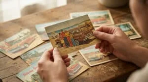 Mains tenant une carte postale vintage illustrant une famille en vacances près d'une voiture sur une table en bois.