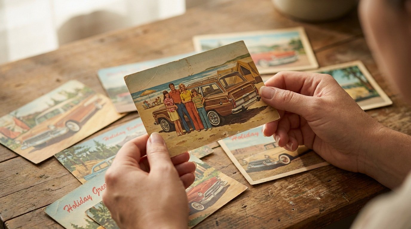 Mains tenant une carte postale vintage illustrant une famille en vacances près d'une voiture sur une table en bois.