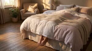 Pieds dépassant du bas d'un lit douillet dans une chambre baignée par la lumière dorée du soleil couchant.
