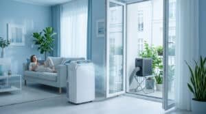 Femme se relaxant sur un canapé dans un salon frais grâce à un climatiseur split mobile moderne avec unité extérieure.