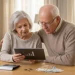 Un couple âgé assis à une table consulte une tablette affichant des graphiques financiers avec de l'argent et une calculatrice.
