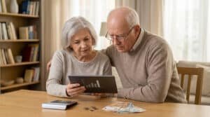 Un couple âgé assis à une table consulte une tablette affichant des graphiques financiers avec de l'argent et une calculatrice.