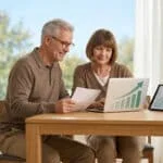 Un couple de seniors consulte des documents financiers et un graphique de croissance sur un ordinateur et une tablette.