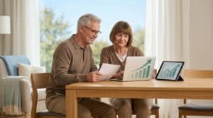 Un couple de seniors consulte des documents financiers et un graphique de croissance sur un ordinateur et une tablette.