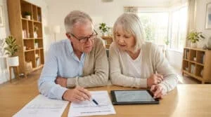 Un couple de seniors examine attentivement des documents financiers et une tablette sur une table dans un salon lumineux.