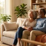 Couple de seniors souriants assis sur un canapé, main dans la main, dans un salon lumineux et chaleureux.