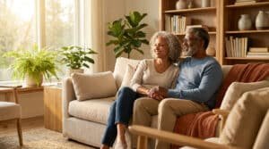 Couple de seniors souriants assis sur un canapé, main dans la main, dans un salon lumineux et chaleureux.