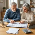 Un couple de seniors consulte un calendrier de juillet 2026 à une table, avec une calculatrice et des documents.