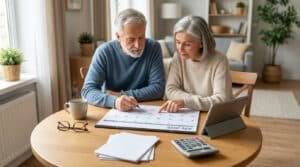 Un couple de seniors consulte un calendrier de juillet 2026 à une table, avec une calculatrice et des documents.