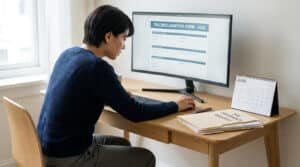 Une personne remplissant sa déclaration d'impôts 2026 en ligne devant un ordinateur.