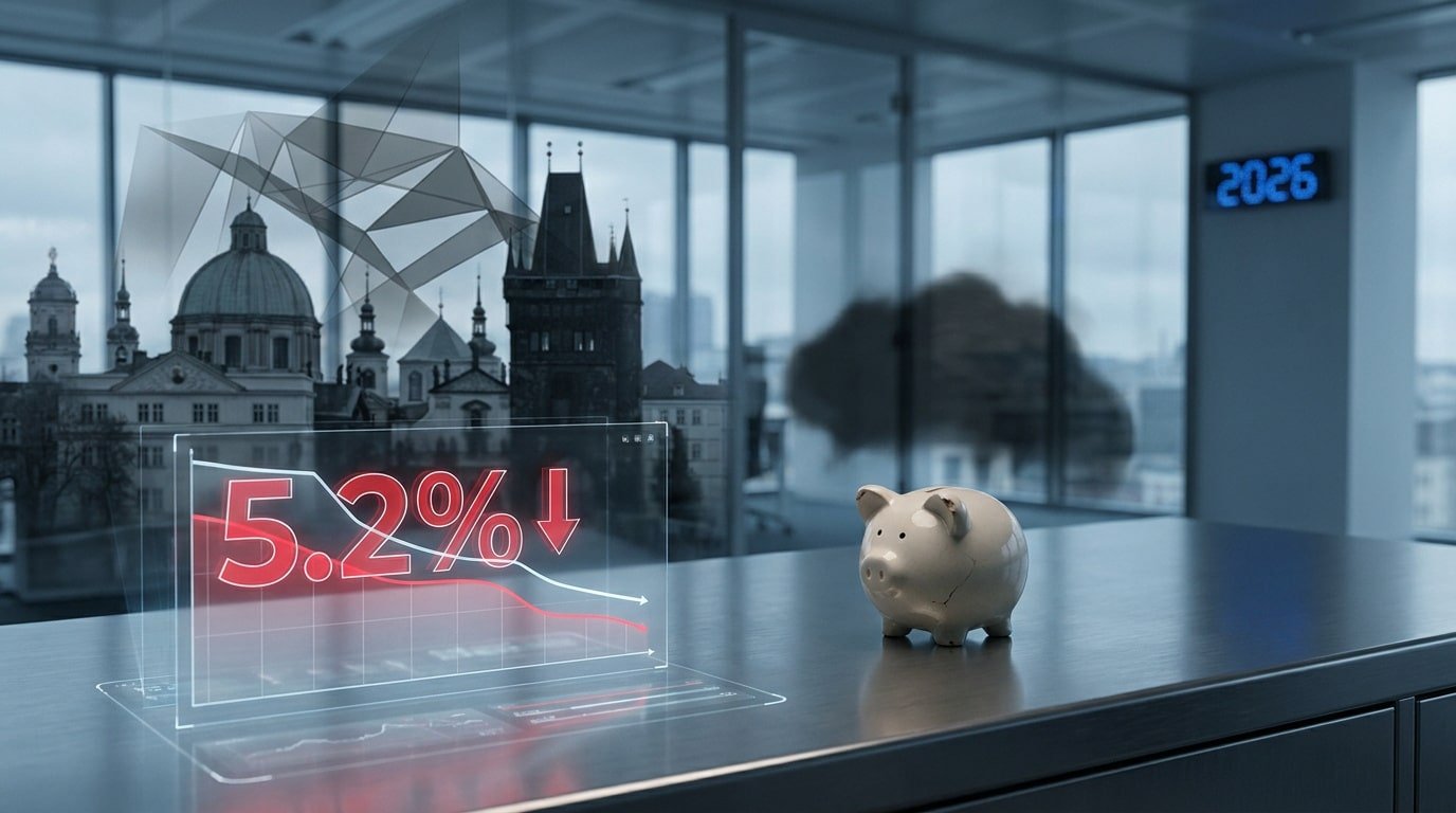 Une tirelire sur un bureau face à un écran holographique affichant un graphique de baisse de 5,2 % avec Prague en arrière-plan.